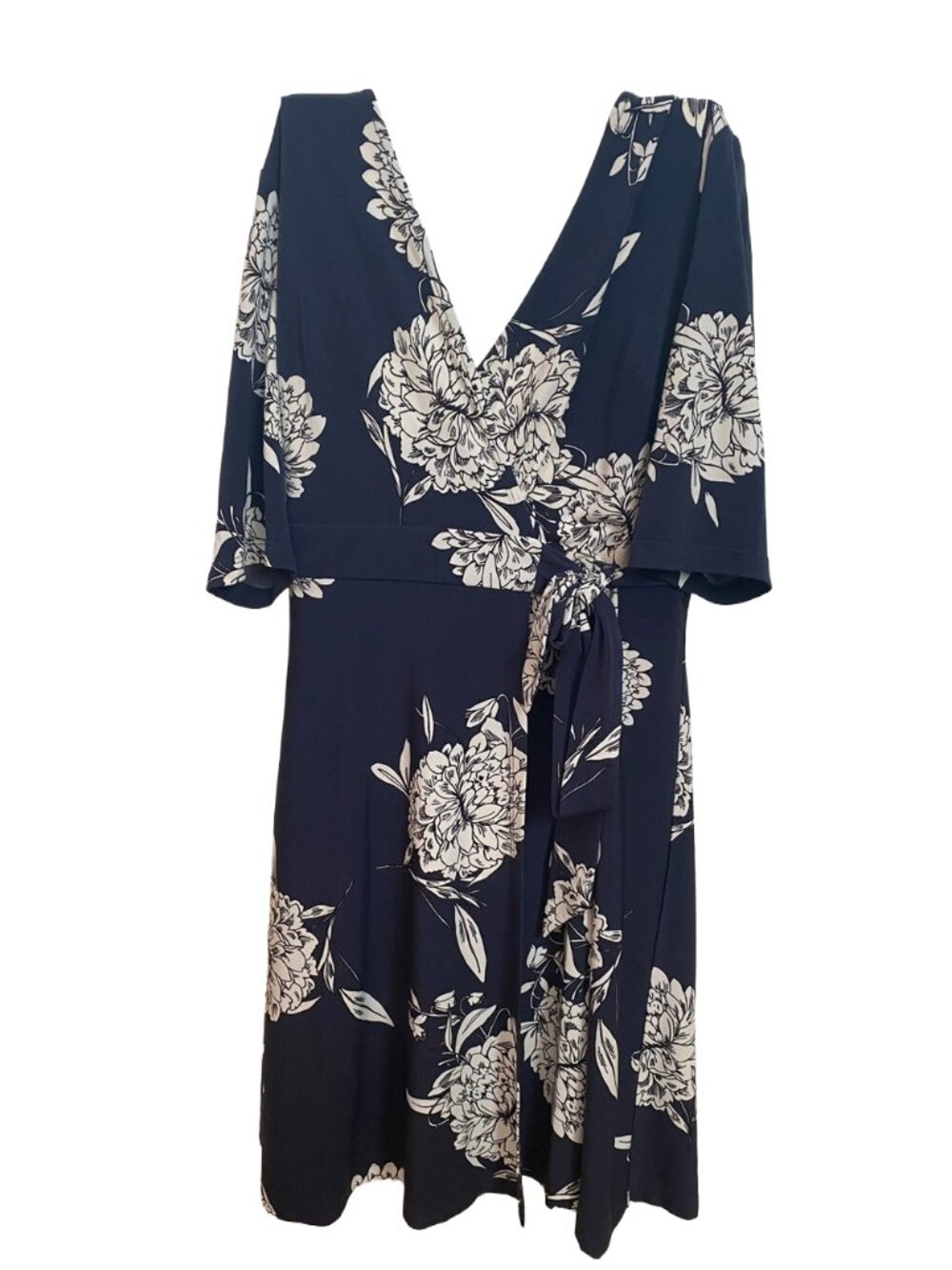 Vince Camuto Blue and White Wrap Midi Dress V-Neck 3/4 Sleeve